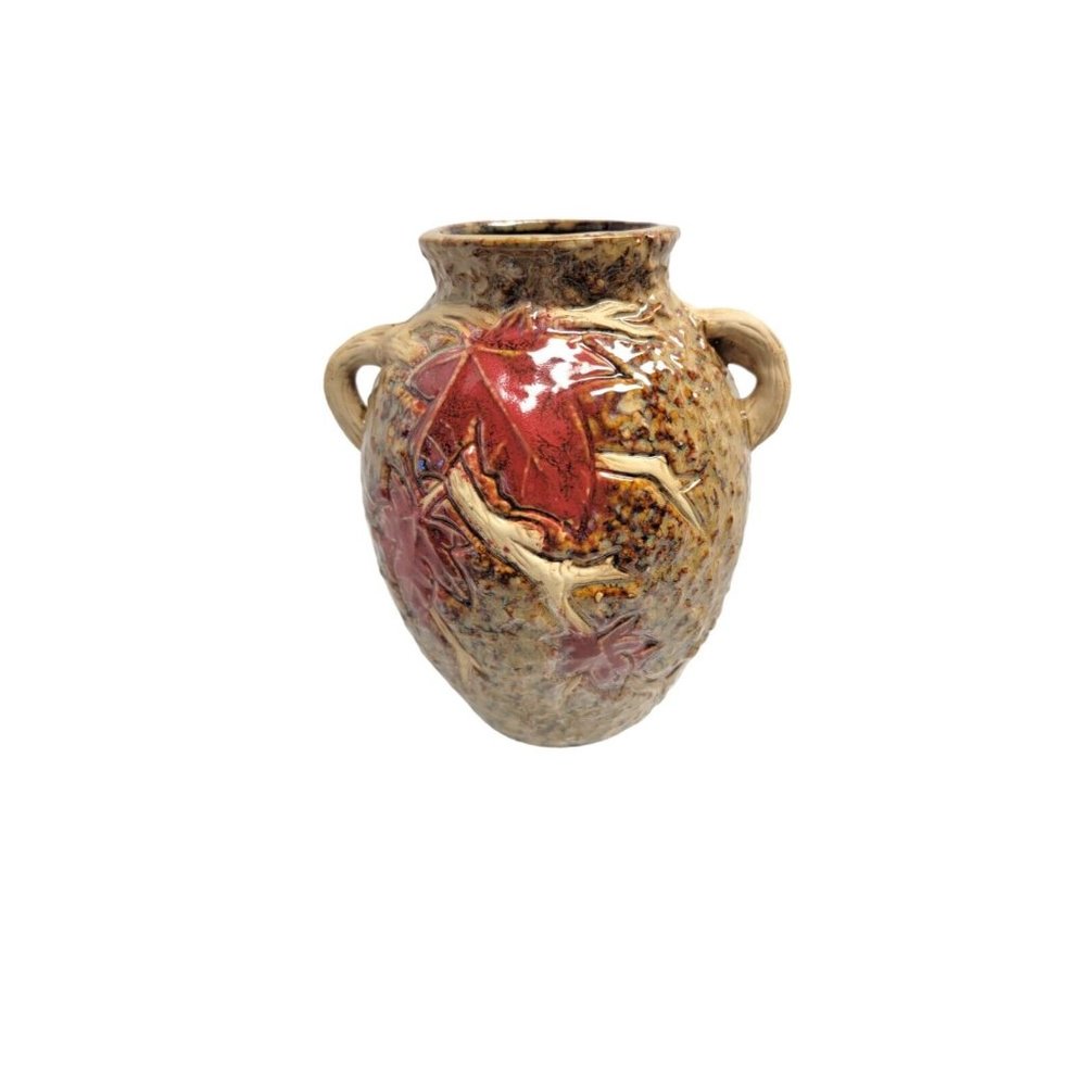 Studio Pottery Vase 8" Brown Red Fall Leaf Ceramic Branch Handles Marked